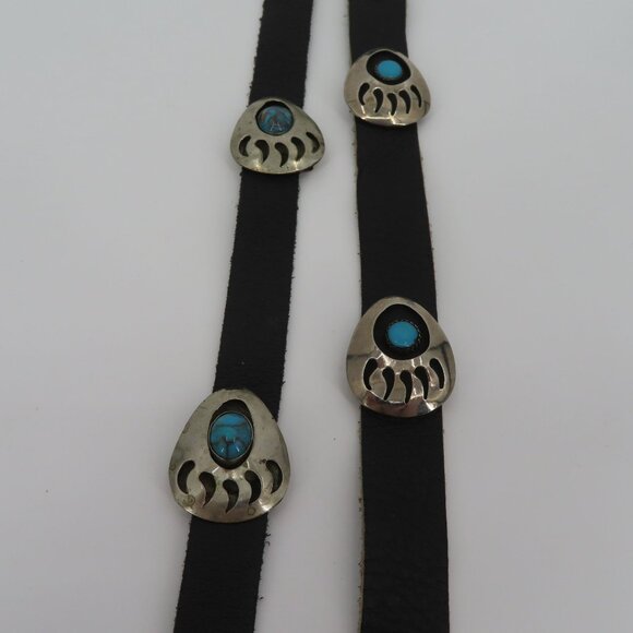 VTG Navajo Bear Paw Shadow Box Concho Belt 60in Long Silver Metal Black Leather